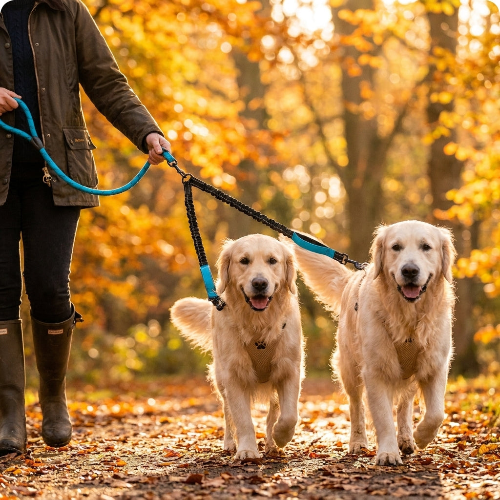 DualWalk Pro™ — Reflective Double Dog Lead with Shock Absorber | Fits 2 Dogs