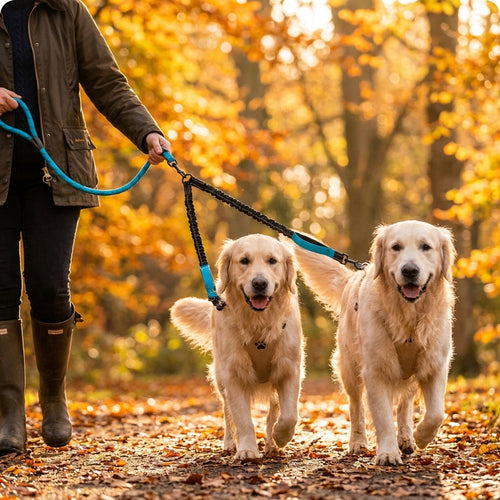 DualWalk Pro™ — Reflective Double Dog Lead with Shock Absorber | Fits 2 Dogs