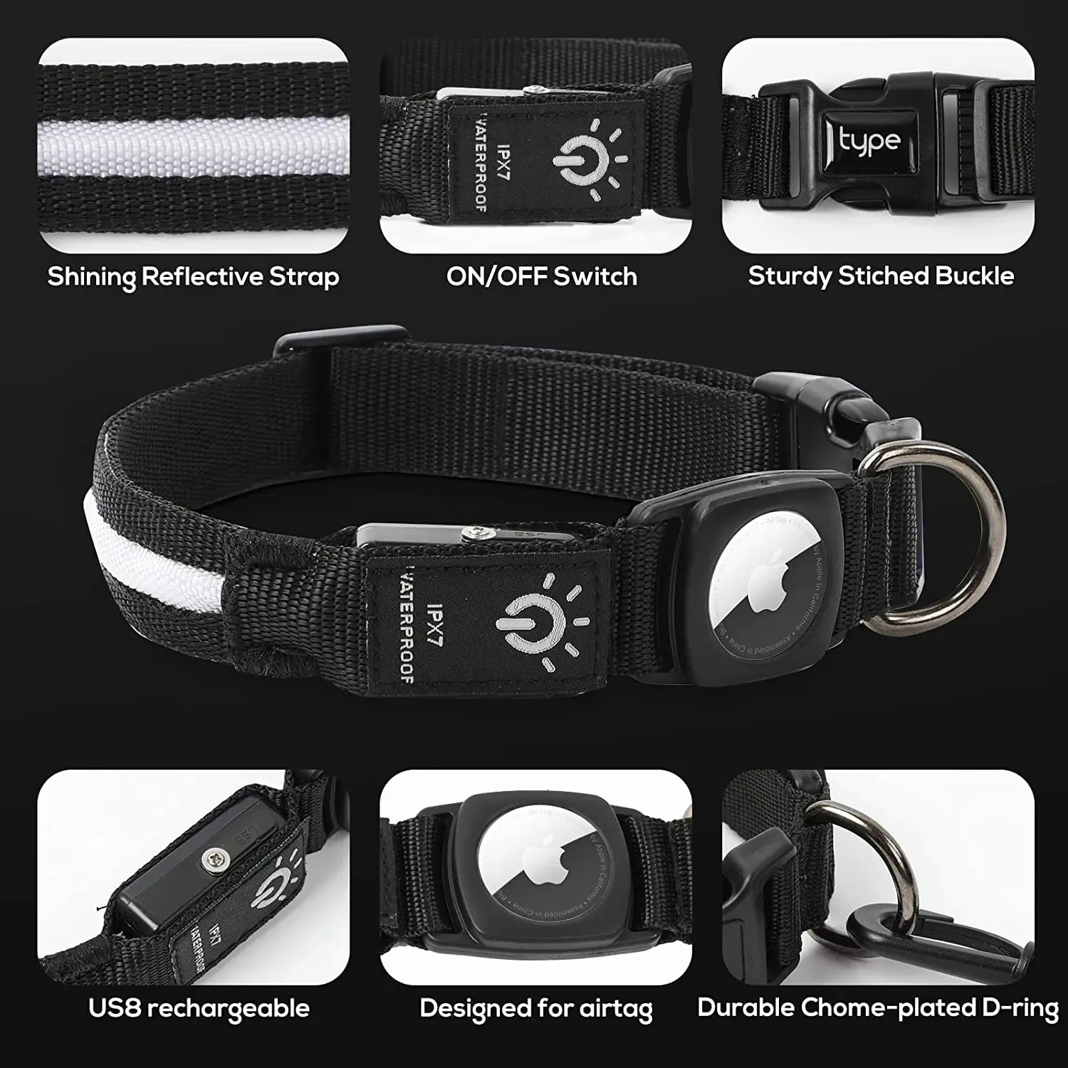 TrackLite™ LED Dog Collar with AirTag Holder — Waterproof & USB Rechargeable