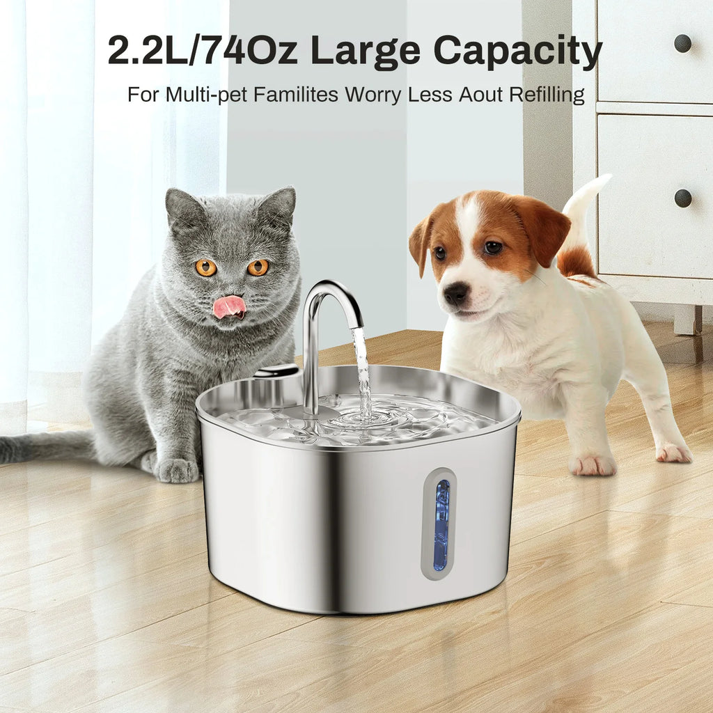 PureFlow™ Stainless Steel Cat Water Fountain — 2.2L Ultra-Quiet, Filtered