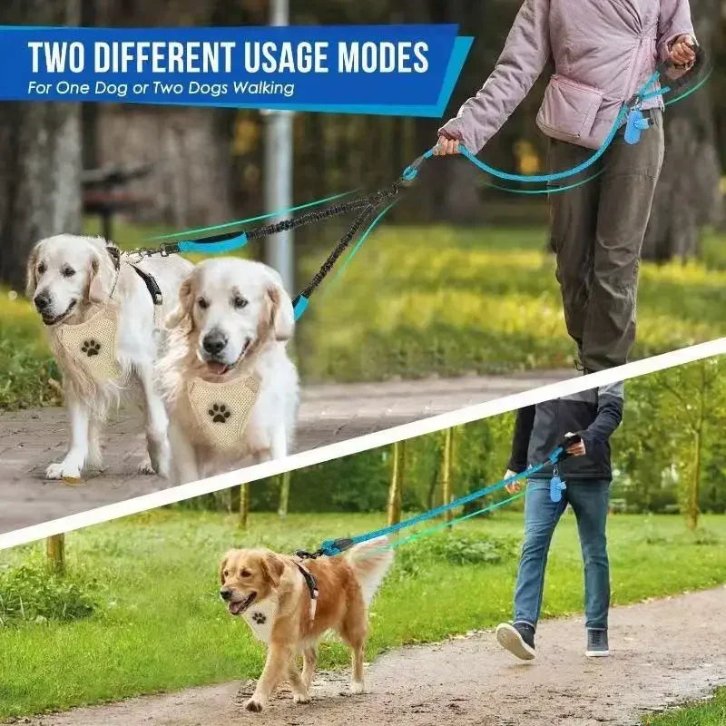 DualWalk Pro™ — Reflective Double Dog Lead with Shock Absorber | Fits 2 Dogs