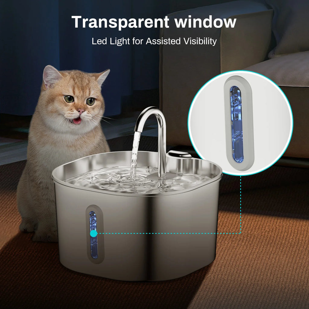 PureFlow™ Stainless Steel Cat Water Fountain — 2.2L Ultra-Quiet, Filtered