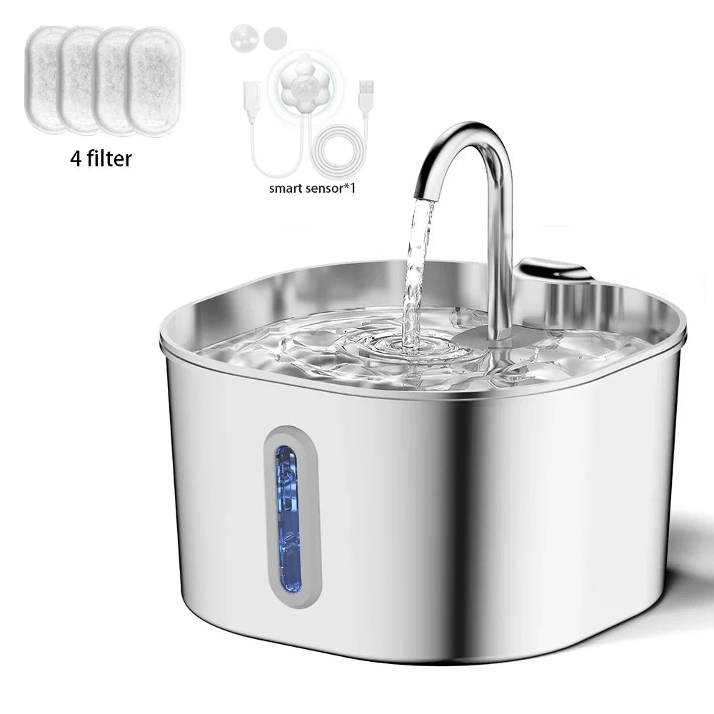 PureFlow™ Stainless Steel Cat Water Fountain — 2.2L Ultra-Quiet, Filtered