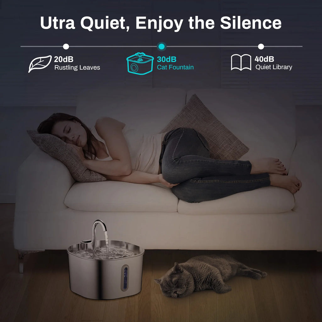 PureFlow™ Stainless Steel Cat Water Fountain — 2.2L Ultra-Quiet, Filtered