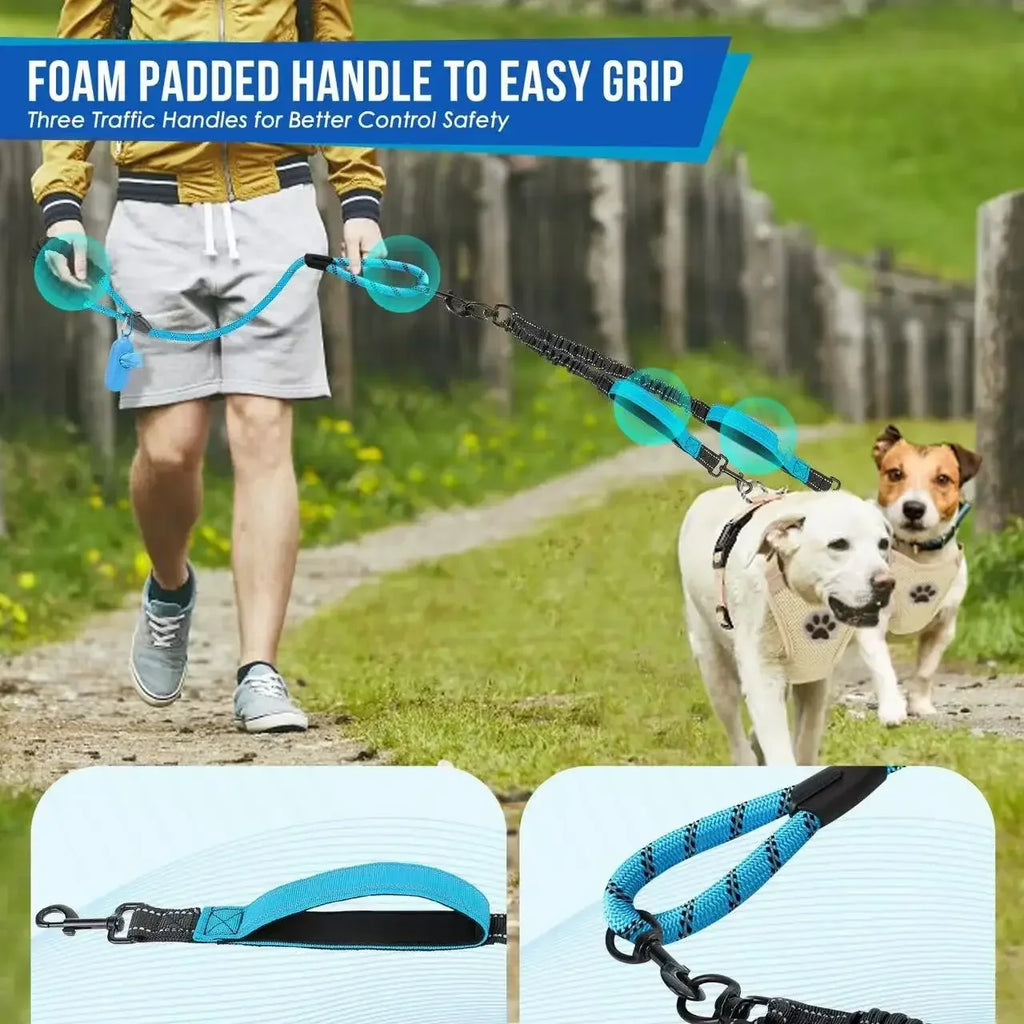 DualWalk Pro™ — Reflective Double Dog Lead with Shock Absorber | Fits 2 Dogs