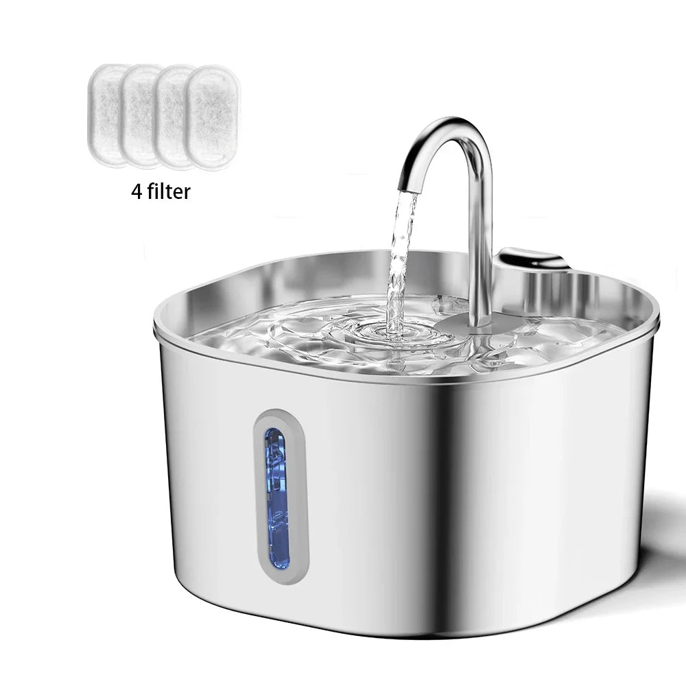 PureFlow™ Stainless Steel Cat Water Fountain — 2.2L Ultra-Quiet, Filtered