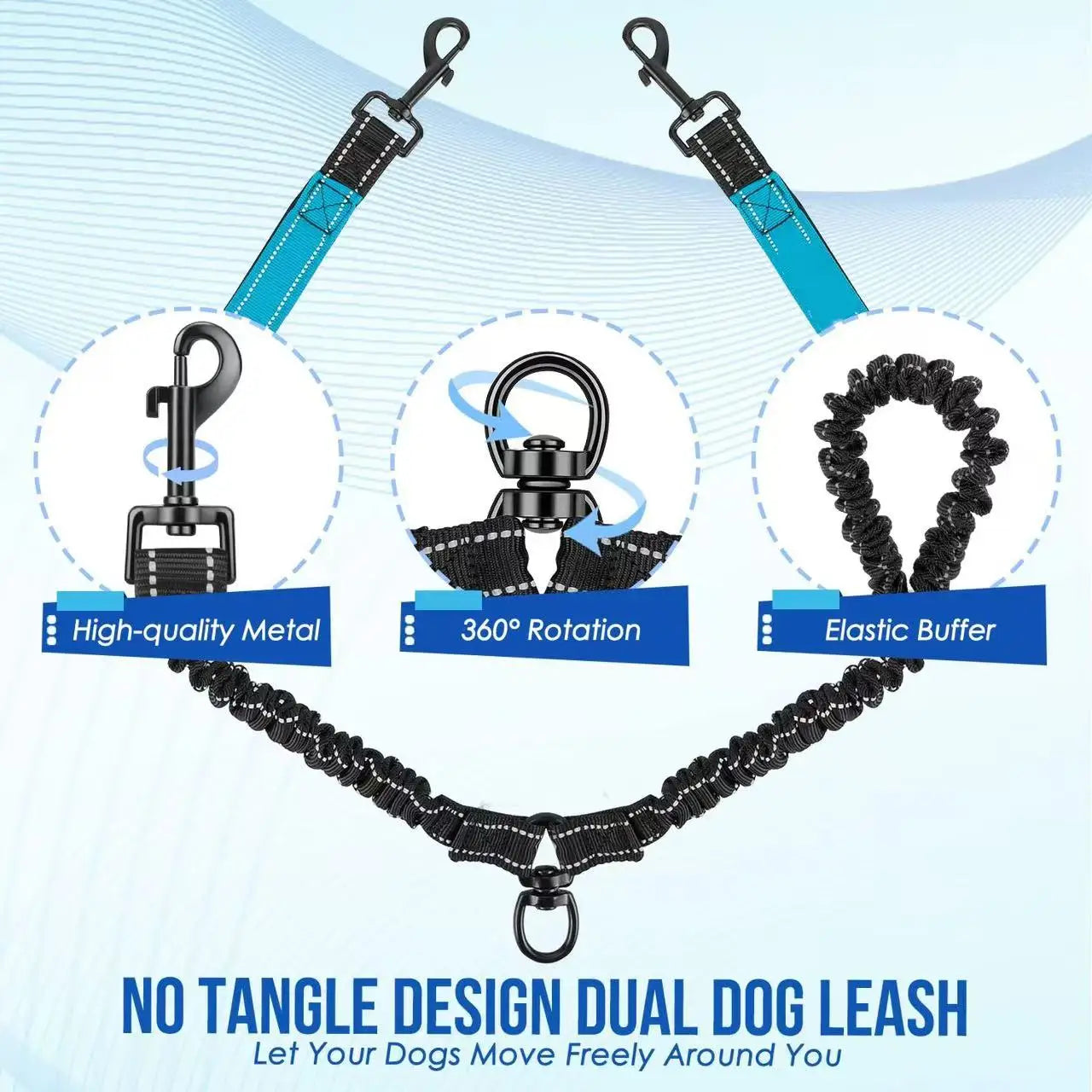 DualWalk Pro™ — Reflective Double Dog Lead with Shock Absorber | Fits 2 Dogs